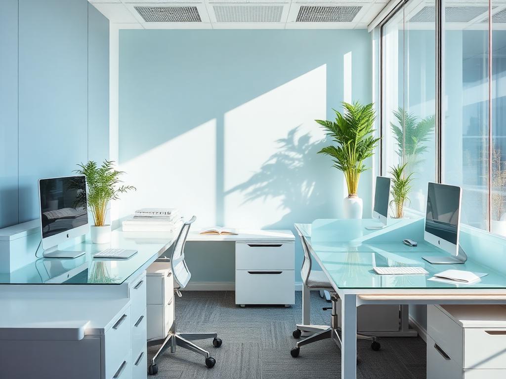 Clean modern office workspace with tidy glass desks